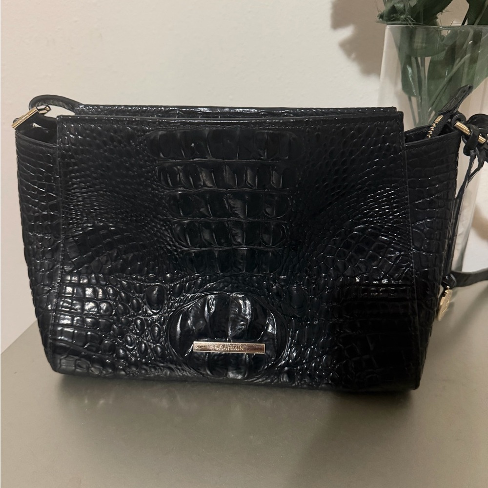 Brahmin Black Croc-Embossed Crossbody Bag with Gold Hardware